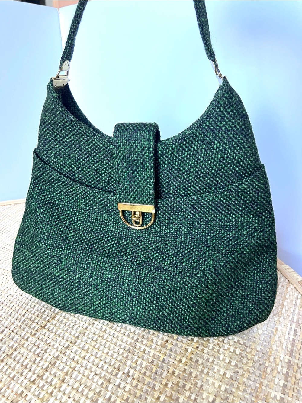Vintage 70s Tweed Crown Lewis Handbags Hobo Bag green black Corporate goth Retro